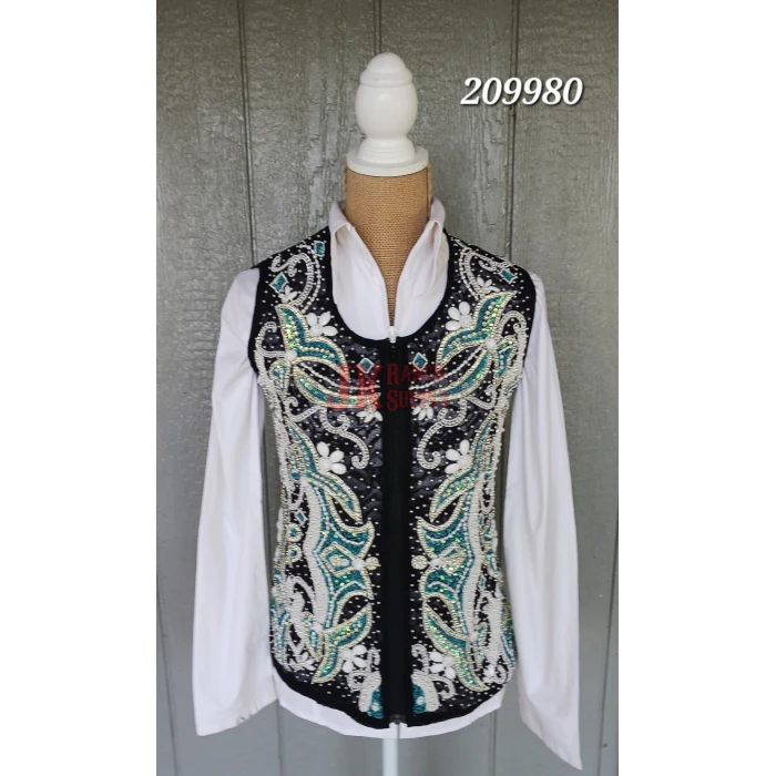 20230602_143450 RHC Ladies Western Lace, Pearls, Rhinestones & Gold Show Vest Turquoise #209980 - Image 1